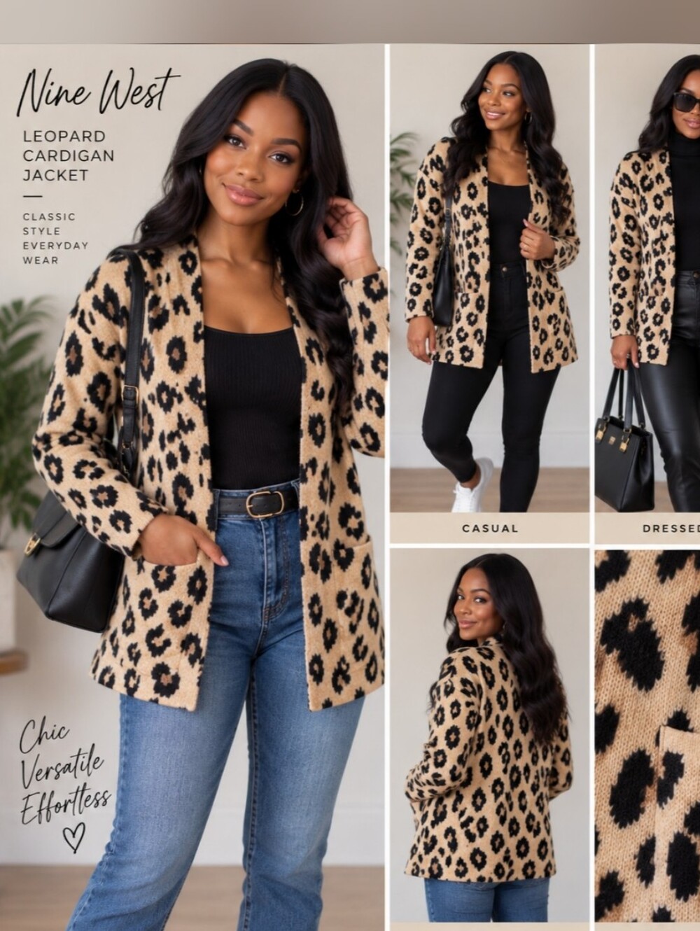 Nine West Beige Leopard Open-Front Cardigan Sweater